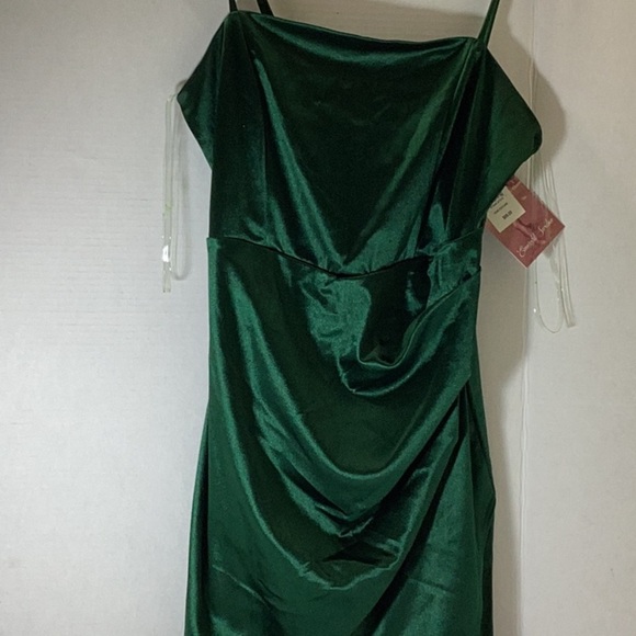 HONEY AND ROSIE SQUARE NECK STRETCH SATIN FAUX-WRAP - Picture 5 of 9